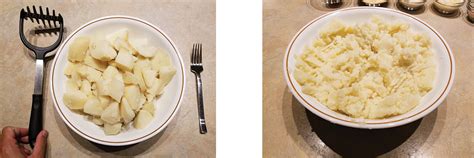 Foto di patate lesse che vengono schiacciate con uno schiacciapatate