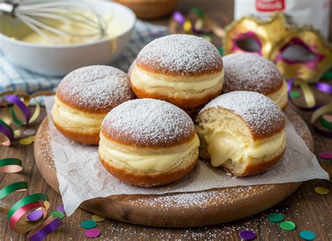 vista ravvicinata di bomboloni dorati spolverati di zucchero a velo, alcuni tagliati a metà per mostrare il ripieno cremoso