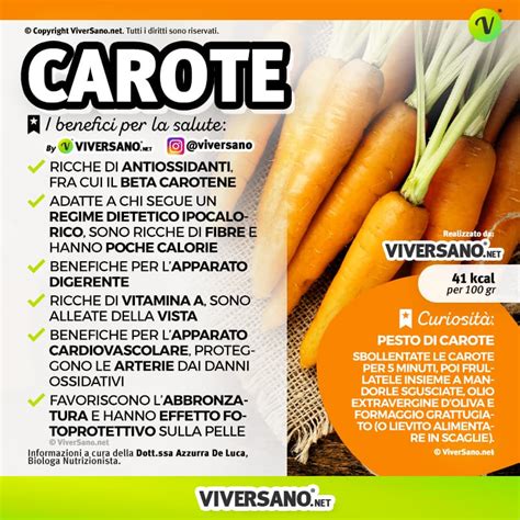 Infografica sui benefici nutrizionali delle carote, con enfasi su beta-carotene, vitamina A e fibre.