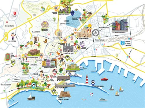 Una mappa stilizzata di Napoli con i punti contrassegnati delle migliori pasticcerie per sfogliatelle.