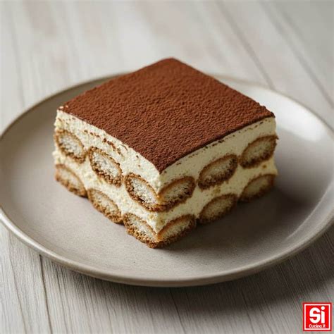 Primo piano su una fetta di Tiramisù a tre strati, con strati ben definiti