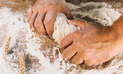 Sequenza fotografica dei passaggi chiave nella preparazione dell'impasto del pane integrale: dalla fontana di farina alla lievitazione.