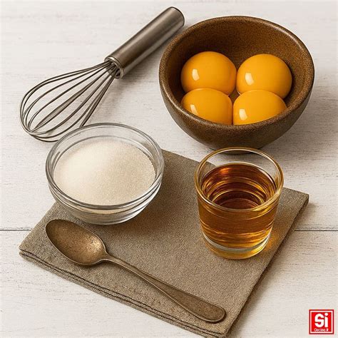 Uova, zucchero e Marsala disposti per la preparazione dello zabaione