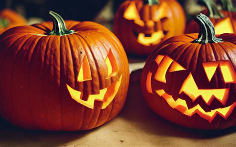 Un'immagine suggestiva di zucche intagliate e decorate per Halloween, con luci soffuse.
