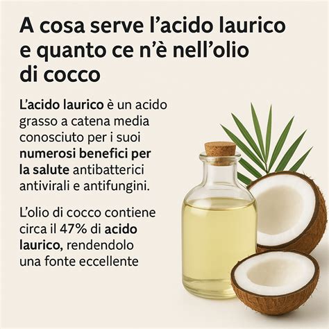 Infografica che mostra la composizione dell'olio di cocco, evidenziando l'acido laurico e altri nutrienti