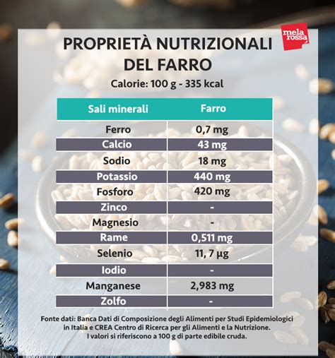 Infografica con i principali valori nutrizionali del farro: calorie, carboidrati, proteine, grassi, fibre, vitamine del gruppo B e ferro.