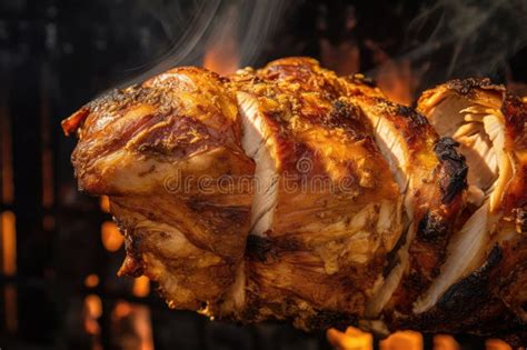 Dettaglio di un pollo intero posizionato su uno spiedo da girarrosto