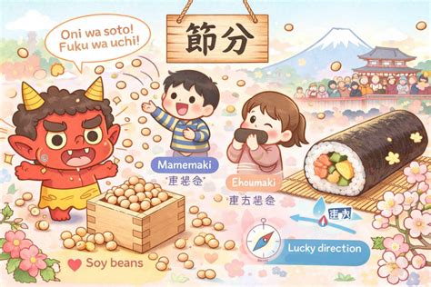Illustrazione che rappresenta il festival Setsubun con persone che lanciano fagioli e indossano maschere da oni.