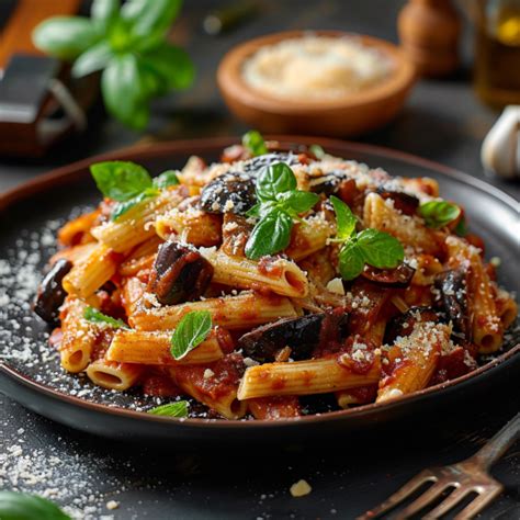 Piatto di Pasta alla Norma con melanzane fritte e ricotta salata