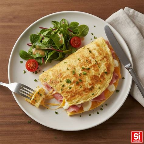 Composizione di un'omelette alla ricotta servita con un'insalata fresca e pane croccante