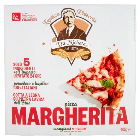 Immagine di una pizza margherita surgelata L'Antica Pizzeria Da Michele, con basilico fresco e mozzarella filante, pronta per essere infornata.