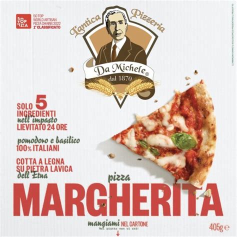 Infografica che illustra i passaggi per la cottura della pizza surgelata Da Michele: dalla preparazione in forno al risultato finale con mozzarella filante.
