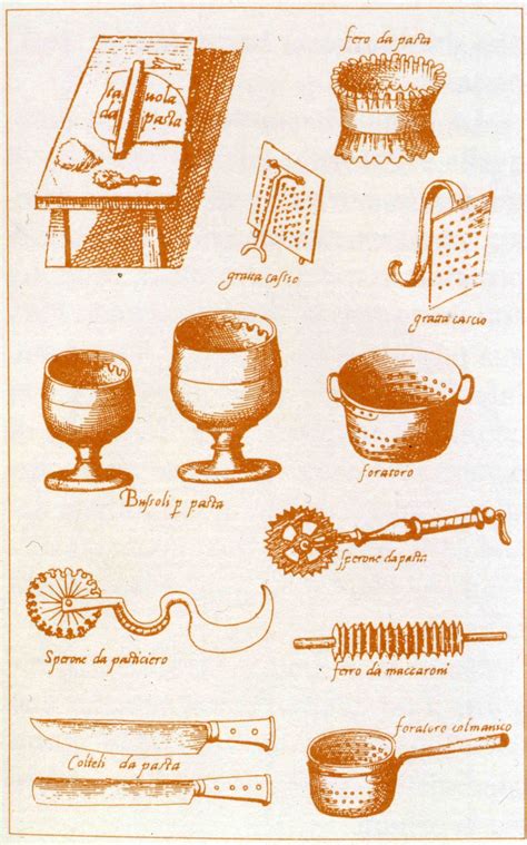 Illustrazione di antichi strumenti per la preparazione della pasta.