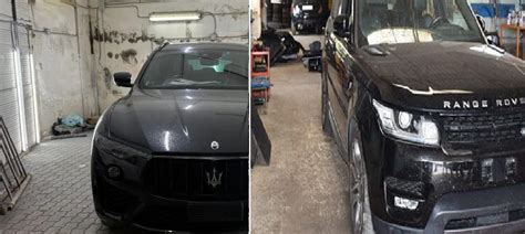 foto di auto di lusso rubate (es. Maserati, Range Rover) con un effetto 