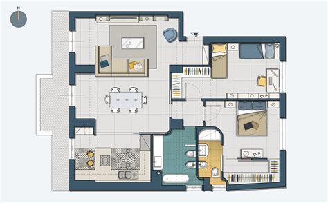 Planimetria di un appartamento tipo con soggiorno, cucina, camera da letto e bagno.
