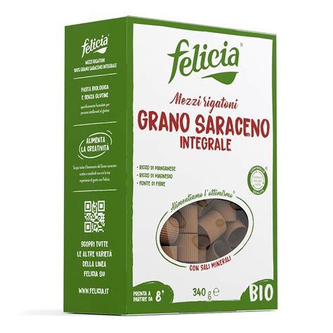 Immagine della confezione di pasta di grano saraceno Felicia con evidenziate le caratteristiche principali (biologico, senza glutine, ricca di sali minerali).