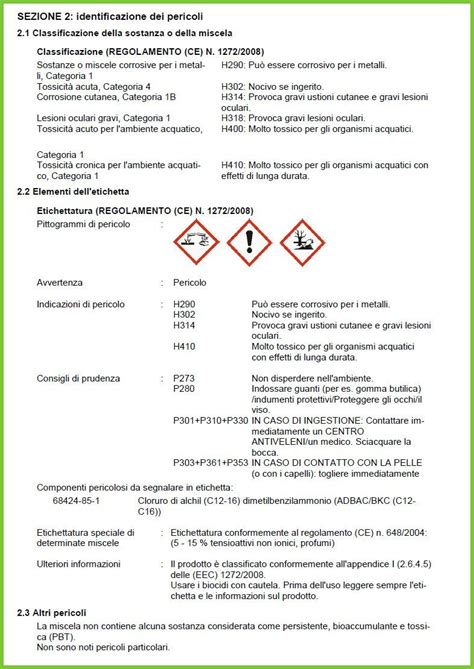 Esempio di struttura di una Scheda Dati di Sicurezza (SDS).